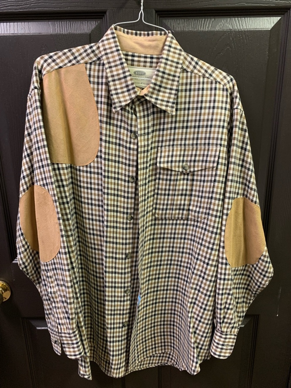 Boyt Harness Company Men's Plaid Button-Down Shirt with Tan Elbow Patches
